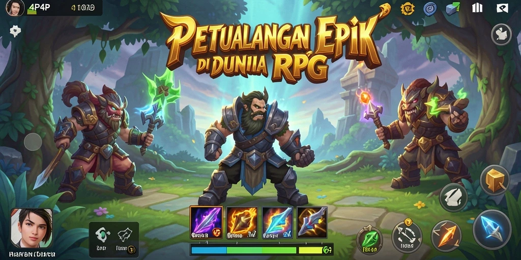 Screenshot gameplay 4P4P dengan pertarungan epik di dunia RPG.