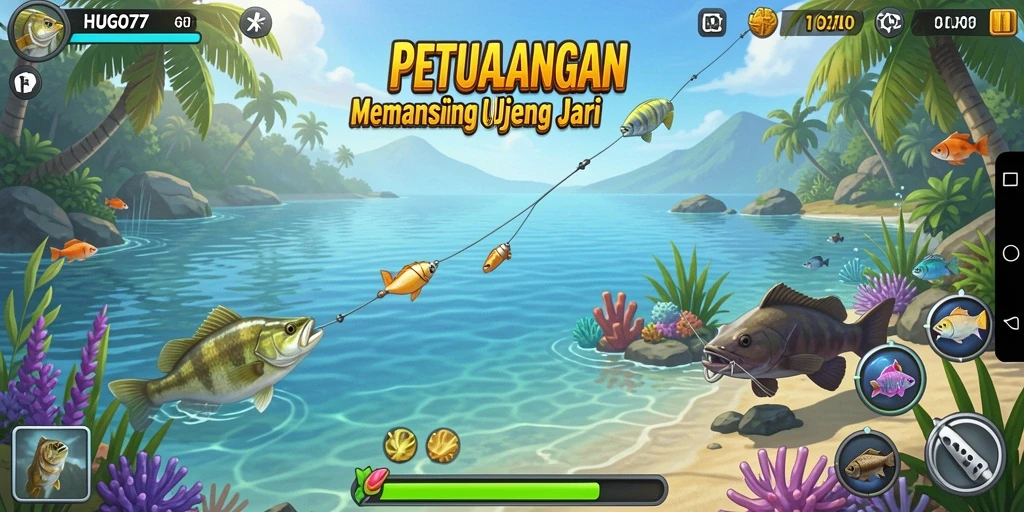 Tampilan gameplay HUGO77 menampilkan aksi memancing yang seru.