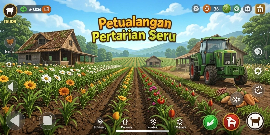 Tampilan gameplay OKIDR dengan aktivitas pertanian yang seru.