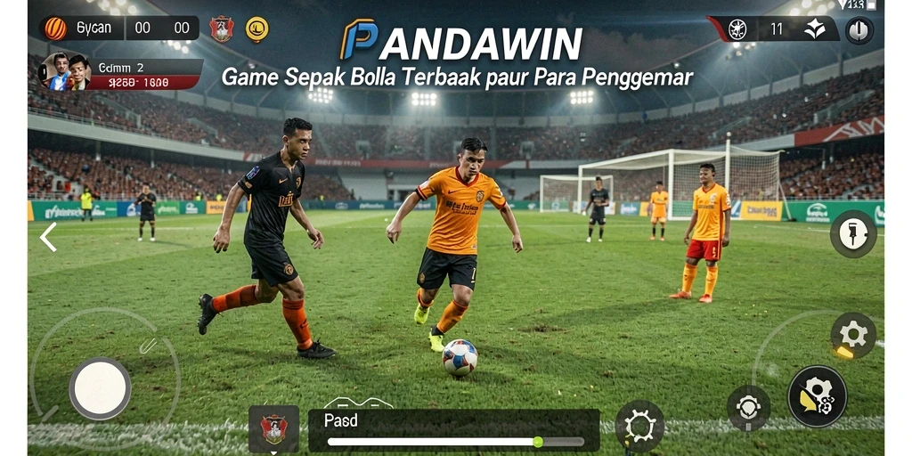 Tangkapan layar gameplay PANDAWIN menampilkan momen seru dalam pertandingan sepak bola.
